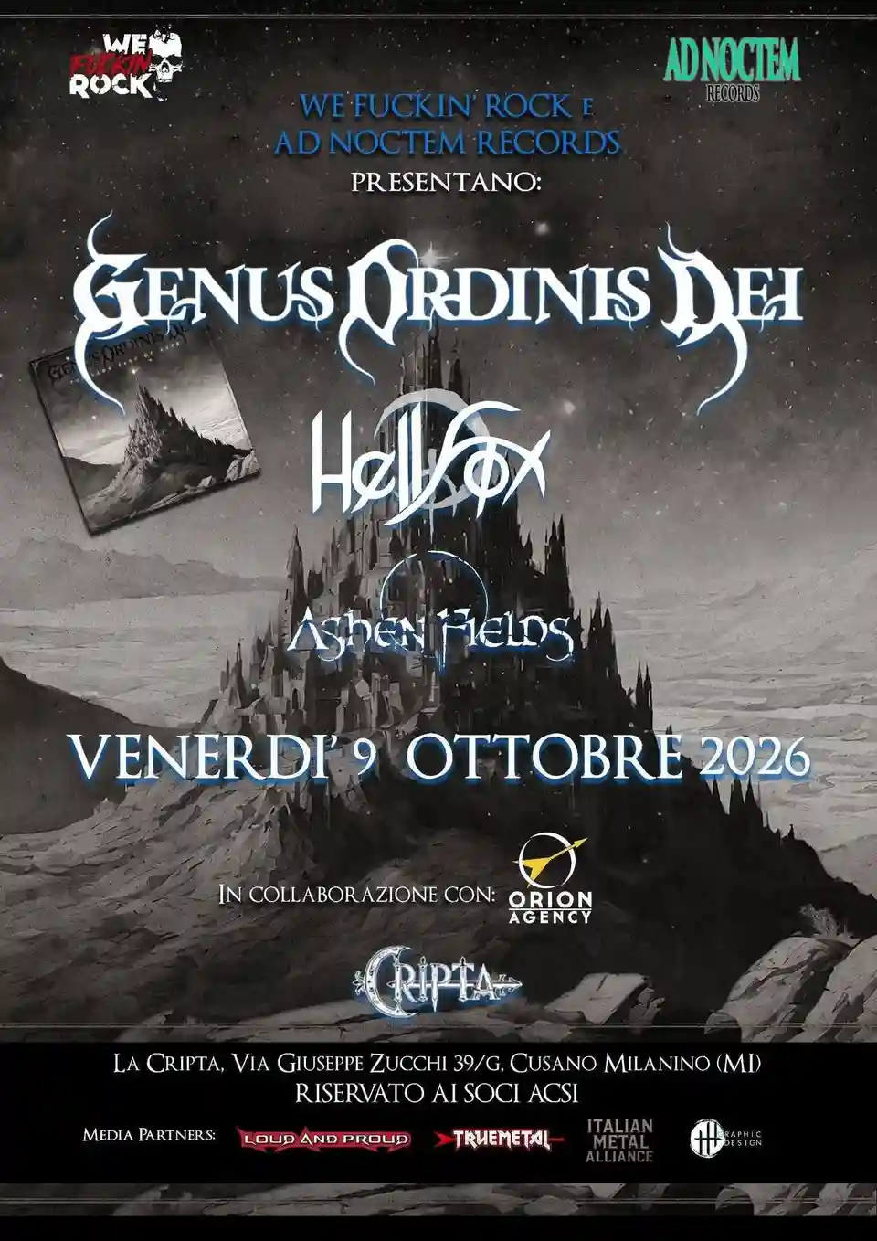 Concert Genus Ordinis Dei, Hellfox și Ashen Fields la La Cripta, Cusano Milanino