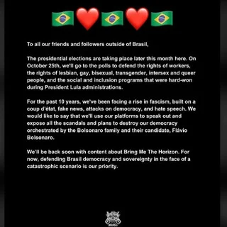 Oliver Sykes (Bring Me The Horizon) și-a exprimat opinia despre alegerile din Brazilia